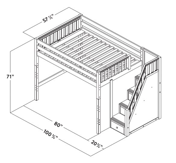 Irving White Full Size Loft Bed with Stairs and Desk Dimensions