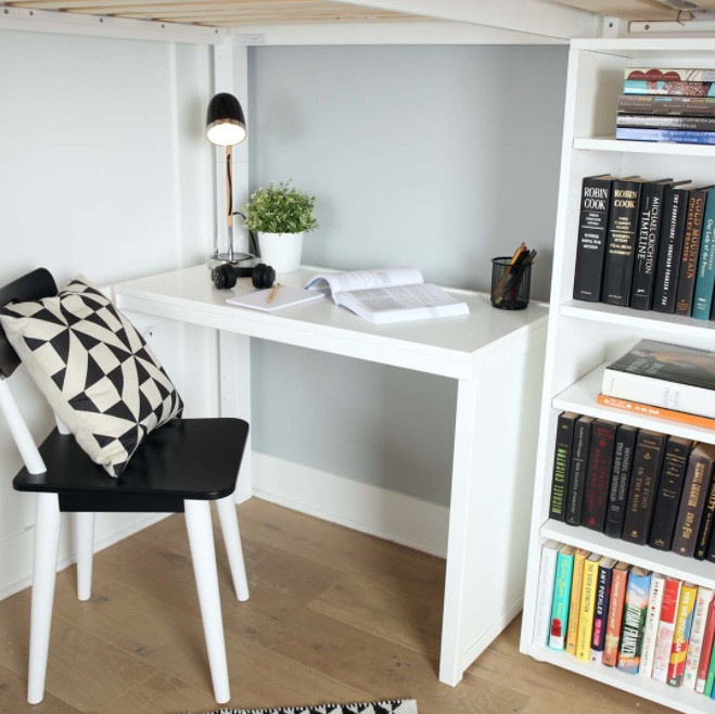 Irving White Loft Bed with Stairs and Desk Corner Desk shown along Back of Bed