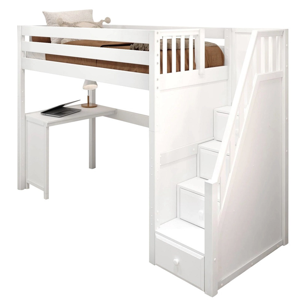 Irving White Twin Loft Bed with Stairs and Desk