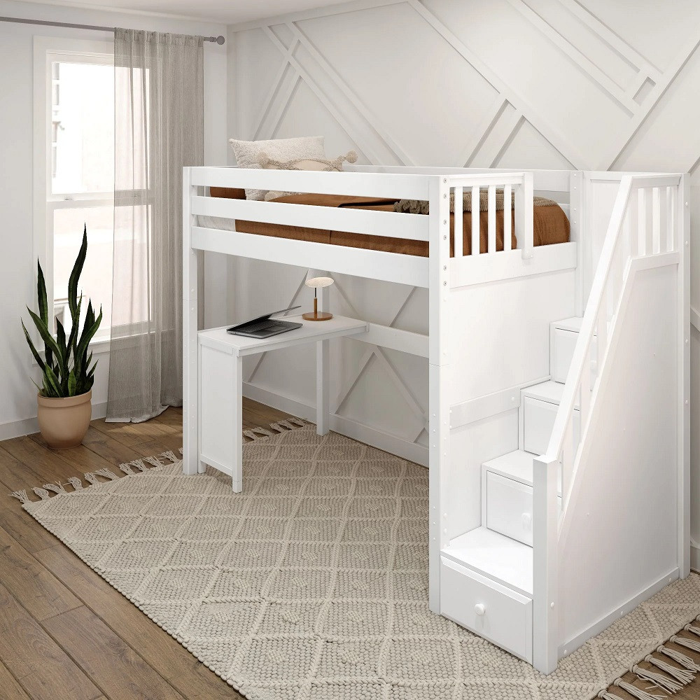 Irving White Twin Loft Bed with Stairs and Desk Right Angled View Room