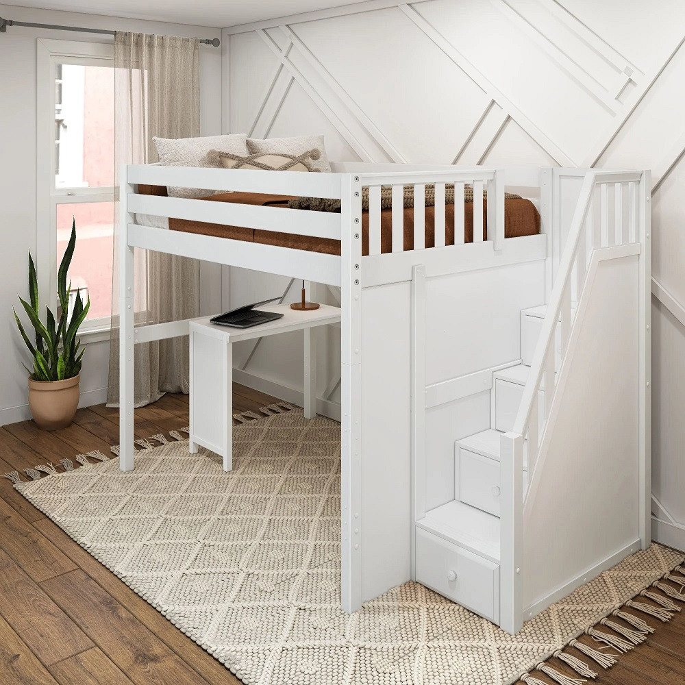 Irving White Full Size Loft Bed with Stairs and Desk Right Angled View Room