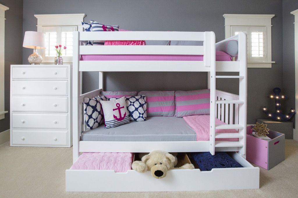Penn Low White Queen Bunk Bed shown with Optional Twin XL Storage Trundle Out Room