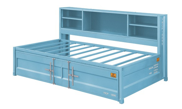 Shipping Container Big Bookcase Aqua Twin Daybed with Trundle Side View Trundle In