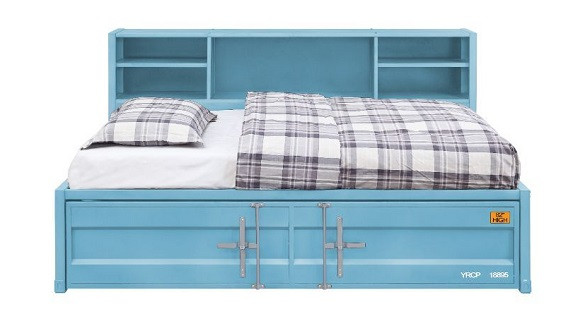 Shipping Container Big Bookcase Aqua Twin Daybed with Trundle Front View Trundle In
