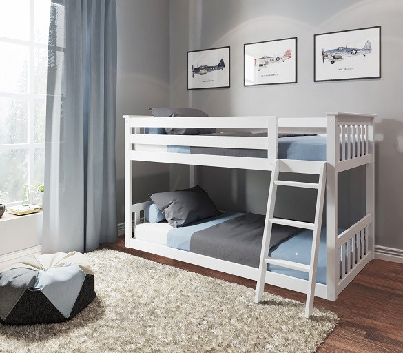 Wilde White Low Bunk Beds for Kids Angled View Room