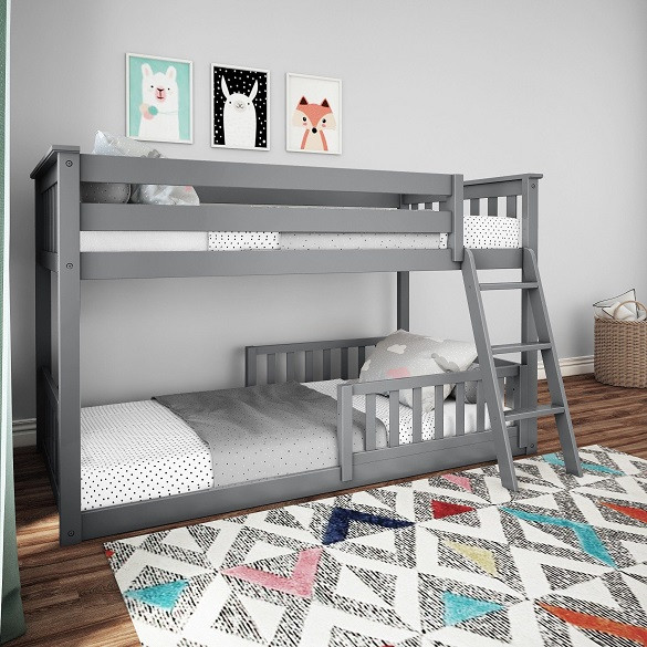 Grandview Gray Low Bunk Beds for Kids shown with 2 Optional Bottom Bunk Safety Rails