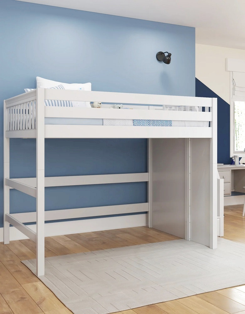 Hayes White Queen Loft Bed with Stairs Left Side Angled View Room
