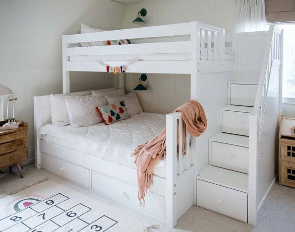 Sheridan White Twin over Full Bunk Bed with Stairs shown with Optional Set of 2 Under Bed Storage Drawers