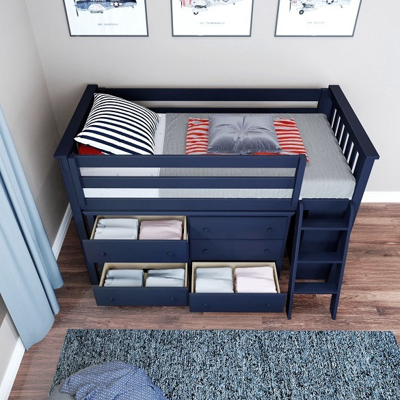 Baldwin Blue Twin Low Loft Bed with Storage Top View Drawers Open Room