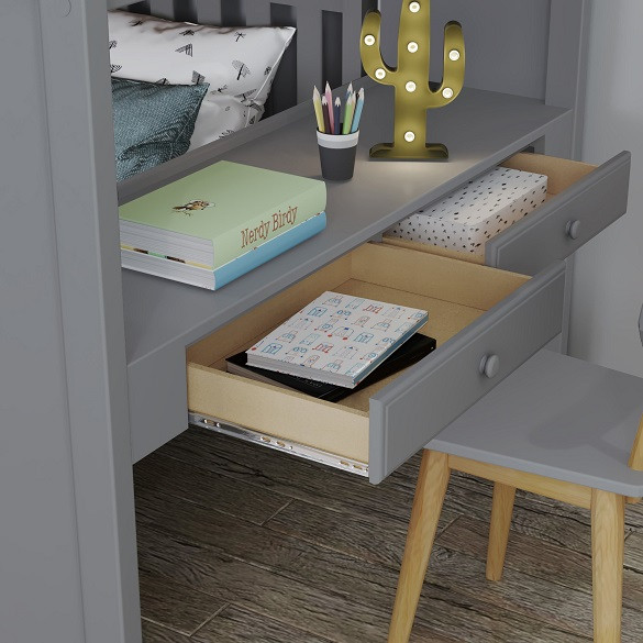 Rylan Gray Full Size Loft Bed with Desk Desk Drawer Detail