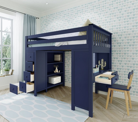 Braxton Blue All in One Full Size Loft Bed Drawers Open Room
