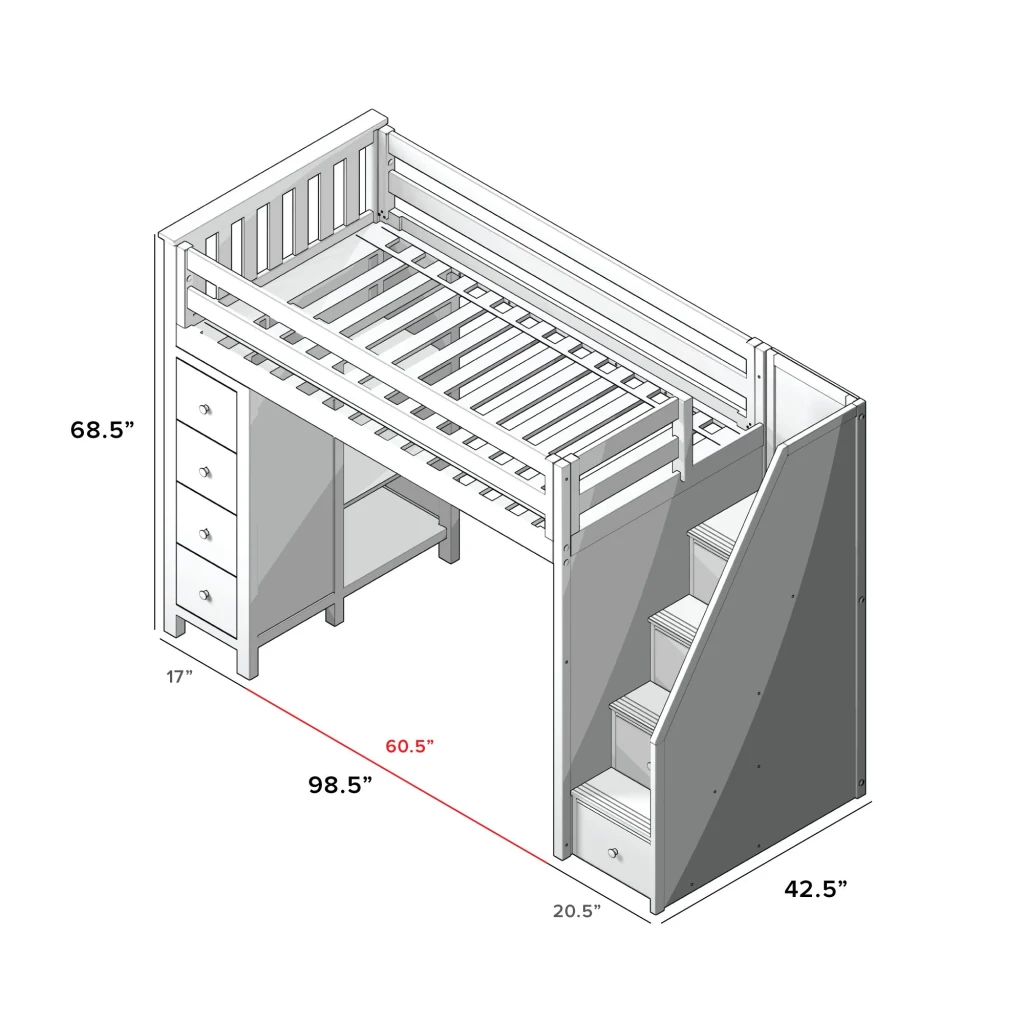 Kivik Sand Twin Loft Bed with Stairs Measurements