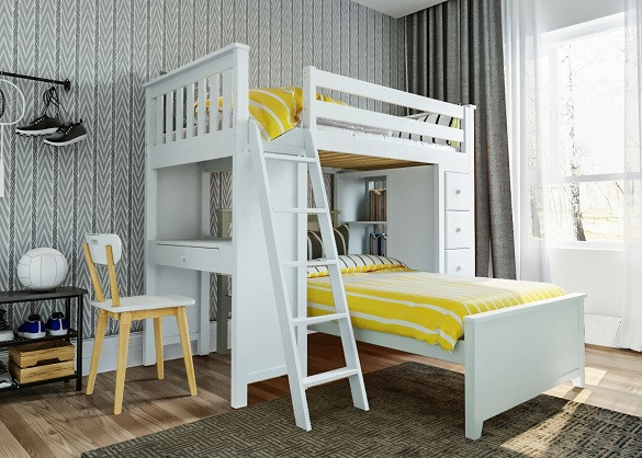 Chelsea White L Shape Loft Bed Left Side Angled View Room