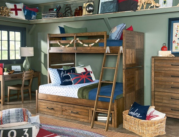 Cinnamon Ranch Twin over Full Bunk Beds for Kids shown with Optional Set of 2 Under Bed Storage Drawers Room