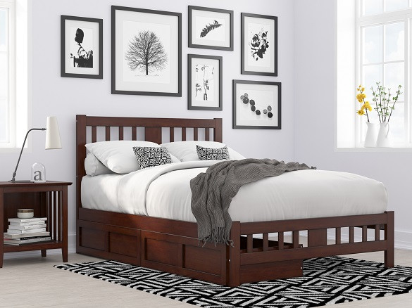 Kani Walnut Full Size Platform Bed Frame shown with Optional Set of 2 Storage Drawers Closed Room