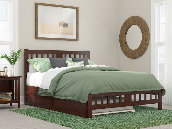Kani Walnut Queen Size Platform Bed Frame shown with Optional Twin XL Trundle Closed Room