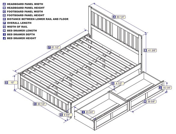 Kani Walnut Queen Size Platform Bed Frame with Optional Set of 2 Storage Drawers Dimensions
