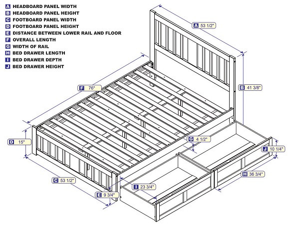 Elba Gray Full Size Platform Bed Frame with Optional Set of 2 Storage Drawers Dimensions