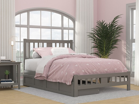 Elba Gray Full Size Platform Bed Frame shown with Optional Set of 2 Storage Drawers Closed Room
