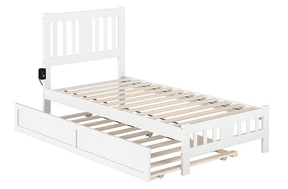Dodie White Twin Platform Bed Frame shown with Optional Twin Size Trundle Open