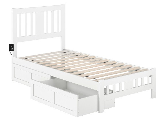 Dodie White Twin Platform Bed Frame shown with Optional Set of 2 Storage Drawers Open