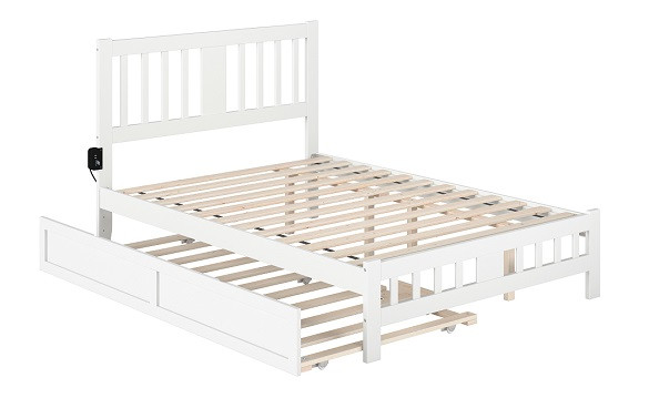 Dodie White Full Size Platform Bed Frame shown with Optional Twin Size Trundle Open