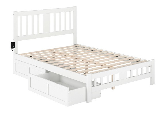 Dodie White Full Size Platform Bed Frame shown with Optional Set of 2 Storage Drawers Open