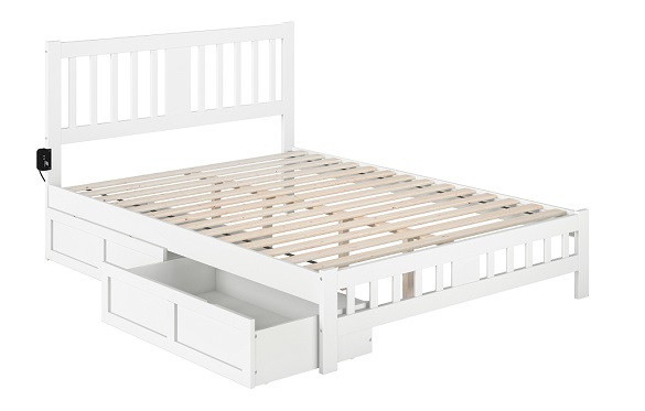 Dodie White Queen Size Platform Bed Frame shown with Optional Set of 2 Storage Drawers Open