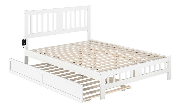 Dodie White Queen Size Platform Bed Frame shown with Optional Twin XL Trundle Open
