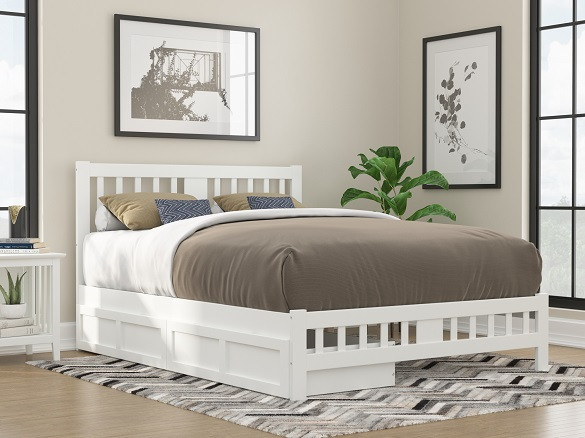 Dodie White Queen Size Platform Bed Frame shown with Optional Set of 2 Storage Drawers Closed Room