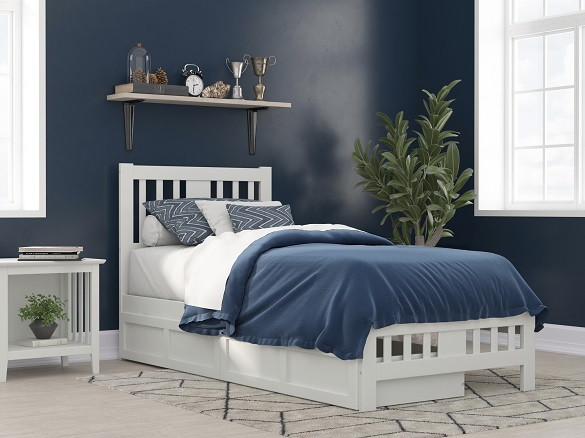 Dodie White Twin XL Platform Bed Frame shown with Optional Set of 2 Storage Drawers Closed Room