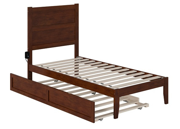 Nico Walnut Twin Bed Frame with Headboard shown with Optional Twin Size Trundle Open