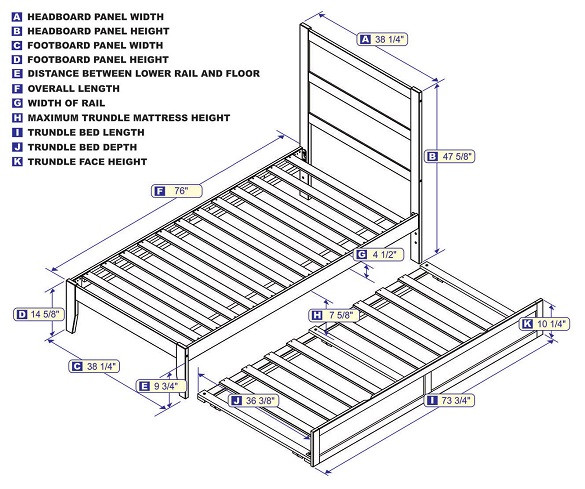 Nico Walnut Twin Bed Frame with Headboard  with Optional Twin Size Trundle Dimensions
