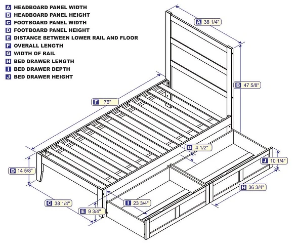 Suna White Twin Bed Frame with Headboard with Optional Set of 2 Storage Drawers Dimensions