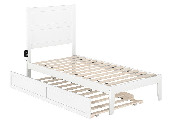 Suna White Twin Bed Frame with Headboard shown with Optional Twin Size Trundle Open