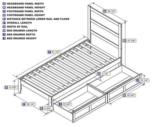 Suna White Twin XL Bed Frame with Headboard with Optional Set of 2 Storage Drawers Dimensions