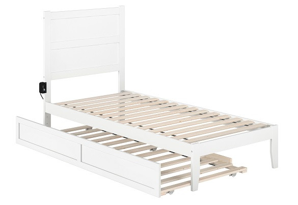 Suna White Twin XL Bed Frame with Headboard shown with Optional Twin XL Trundle Open