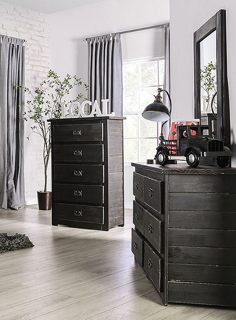 Raven Distressed Black 6 Drawer Dresser shown with Optional Tall Mirror & 5 Drawer Chest Room