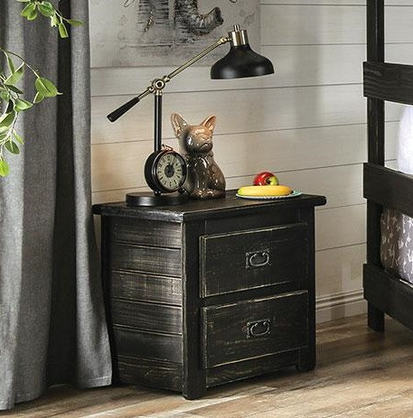 Raven Distressed Black 2 Drawer Nightstand Angled View Room