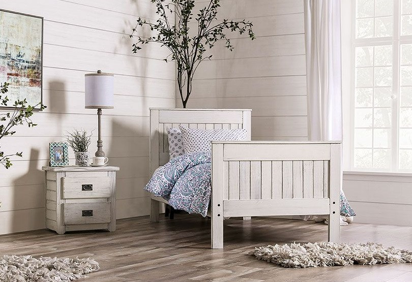 Snowden Distressed White Panel Bed with Nightstand Room