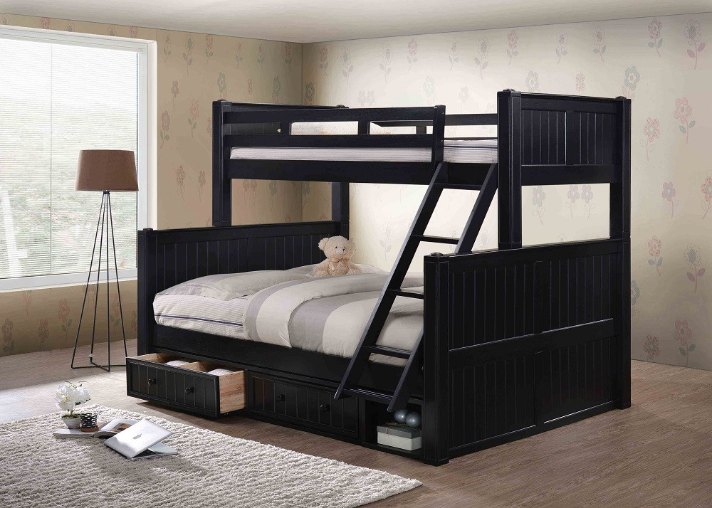 Eberhardt Black Twin over Queen Bunk Bed shown with Optional Set of 2 Underbed Drawers with Cubby Room