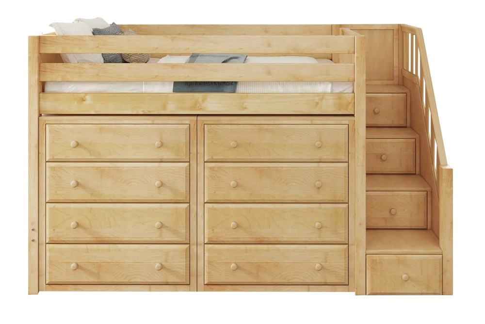 Declan Natural Twin Loft Bed with Storage Front View