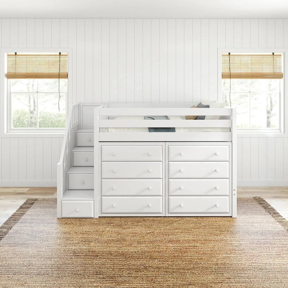 Katrina White Twin Loft Bed with Storage Front View Room