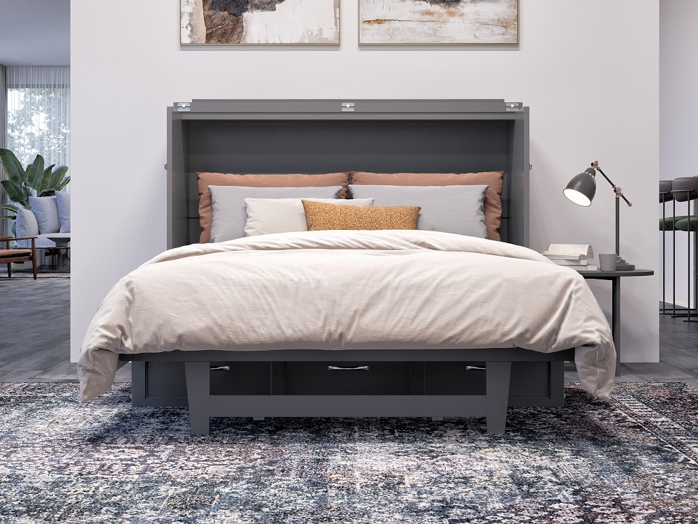 Ashbury Grey Full Size Murphy Bed Fully Extended Front View Room