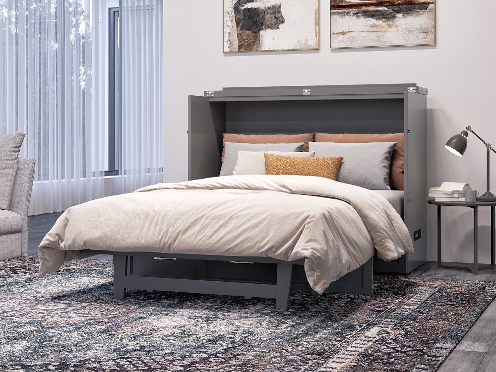 Ashbury Grey Full Size Murphy Bed Fully Extended Angled View Room
