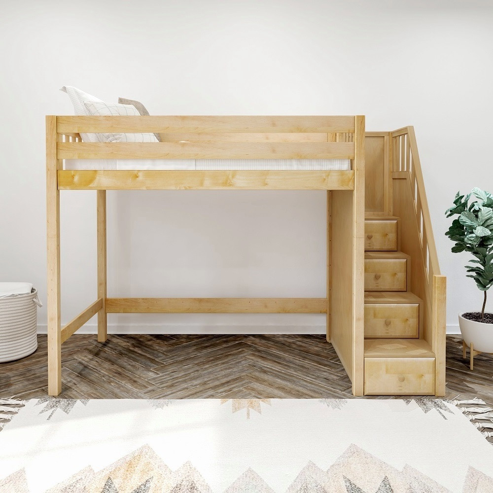 Declan Natural Twin Loft Bed with Stairs Front View Room