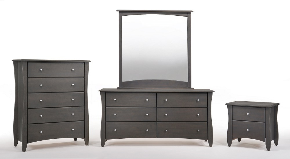 Idlewild Graywash 2 Drawer Nightstand, 5 Drawer Chest and 6 Drawer Dresser with Mirror Group