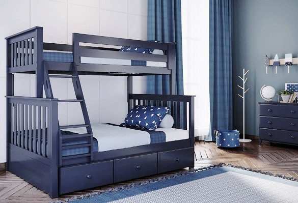 Braxton Blue Bunk Bed Twin over Full shown with Optional Set of 3 Storage Drawers Closed Room