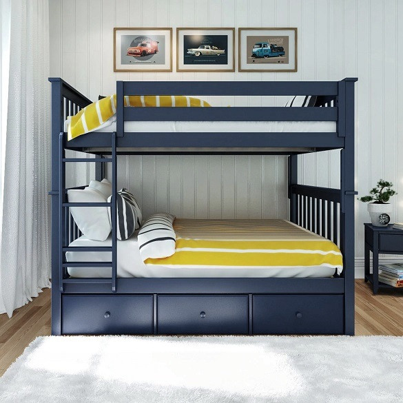 Braxton Blue Bunk Bed Full over Full shown with Optional Set of 3 Storage Drawers Closed Room