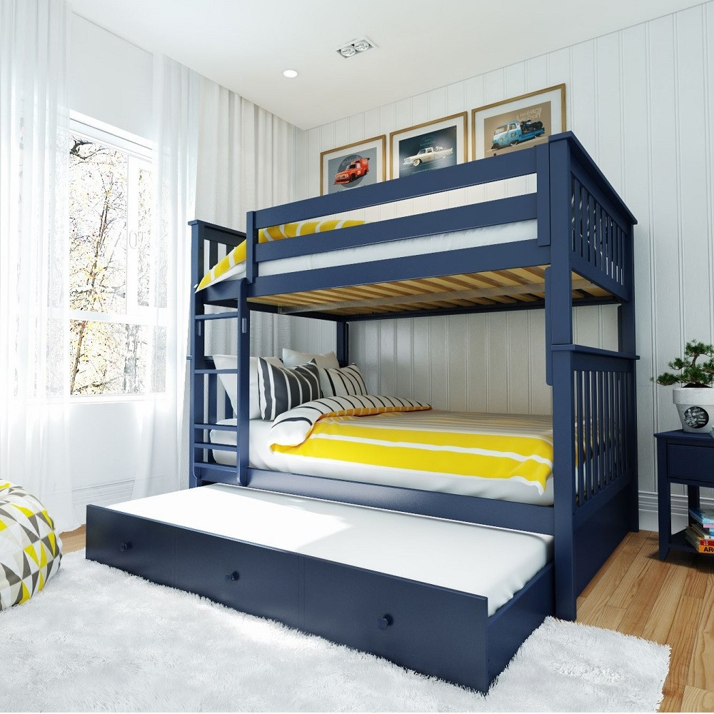 Braxton Blue Bunk Bed Full over Full shown with Optional Twin Storage Trundle Open Angled View Room